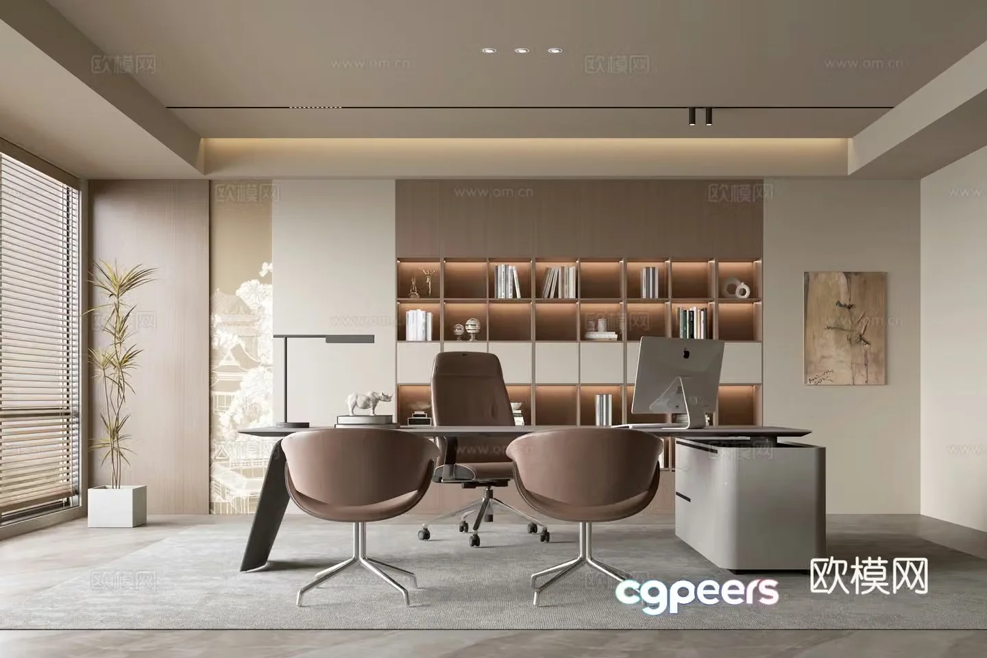 Modern office background wall bookcase office bookcase bookcase background wall solid wood office desk chair 3d model