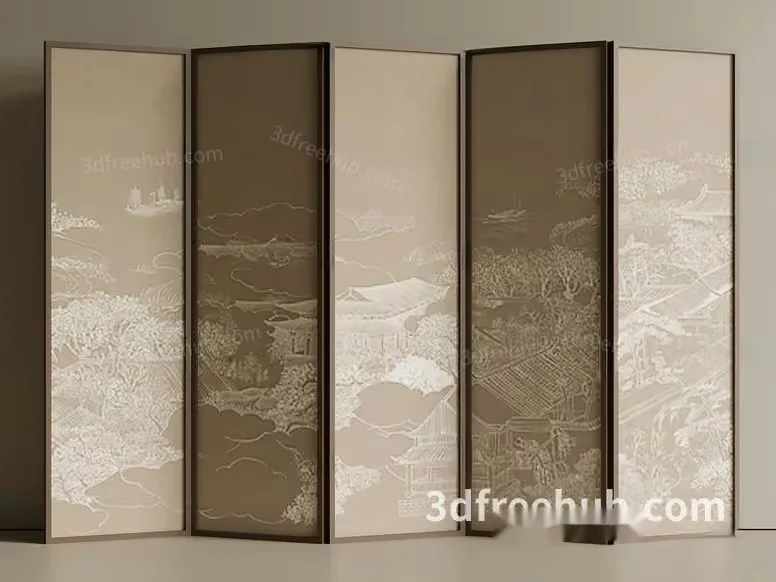 A Four-Panel Screen With A Light-Colored Etched Design 3D Model – 21222 – VRAY Render