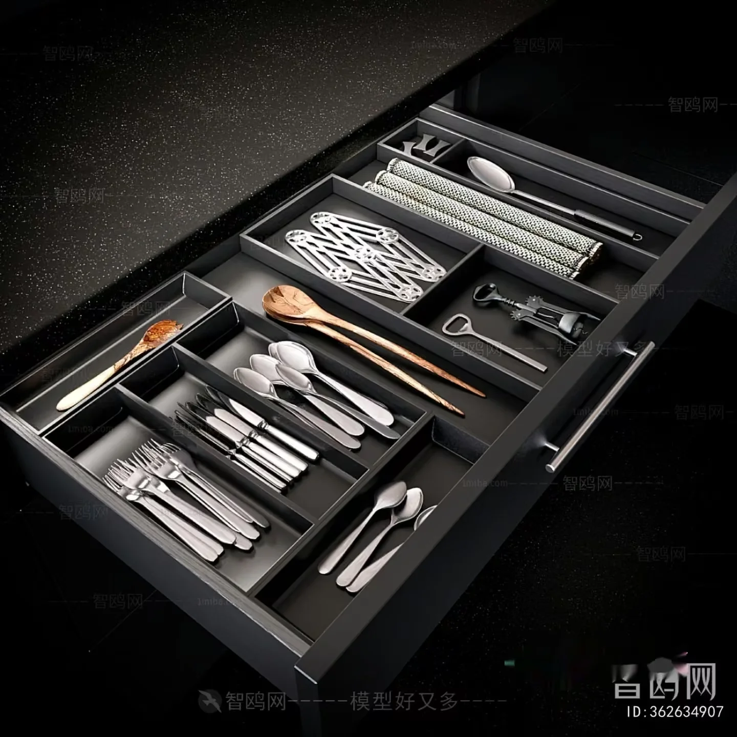 A Drawer With Various Utensils 3D Model – 22220 – VRAY Render