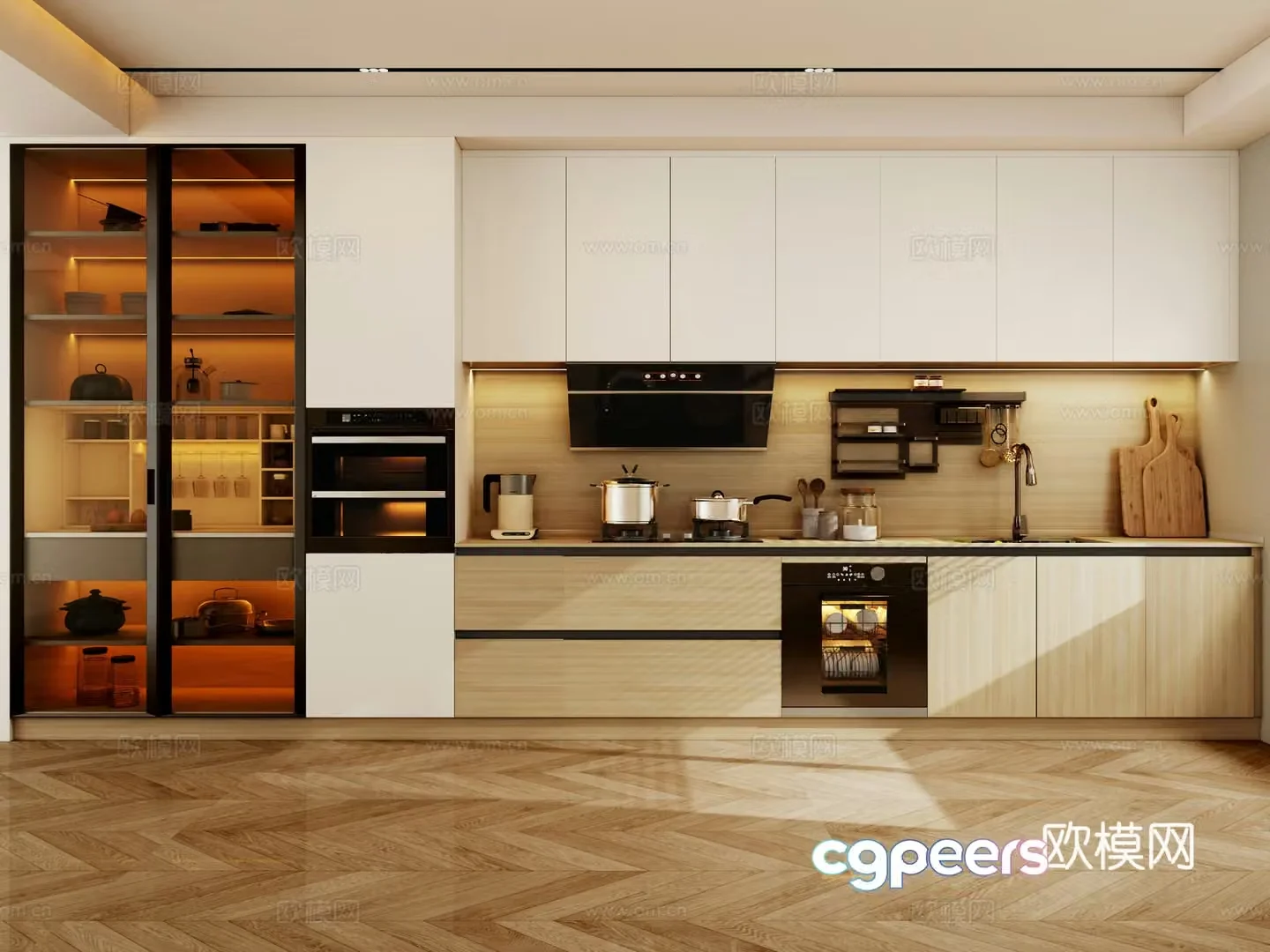 Modern cream style kitchen single-shaped cabinet open cabinet 3d model