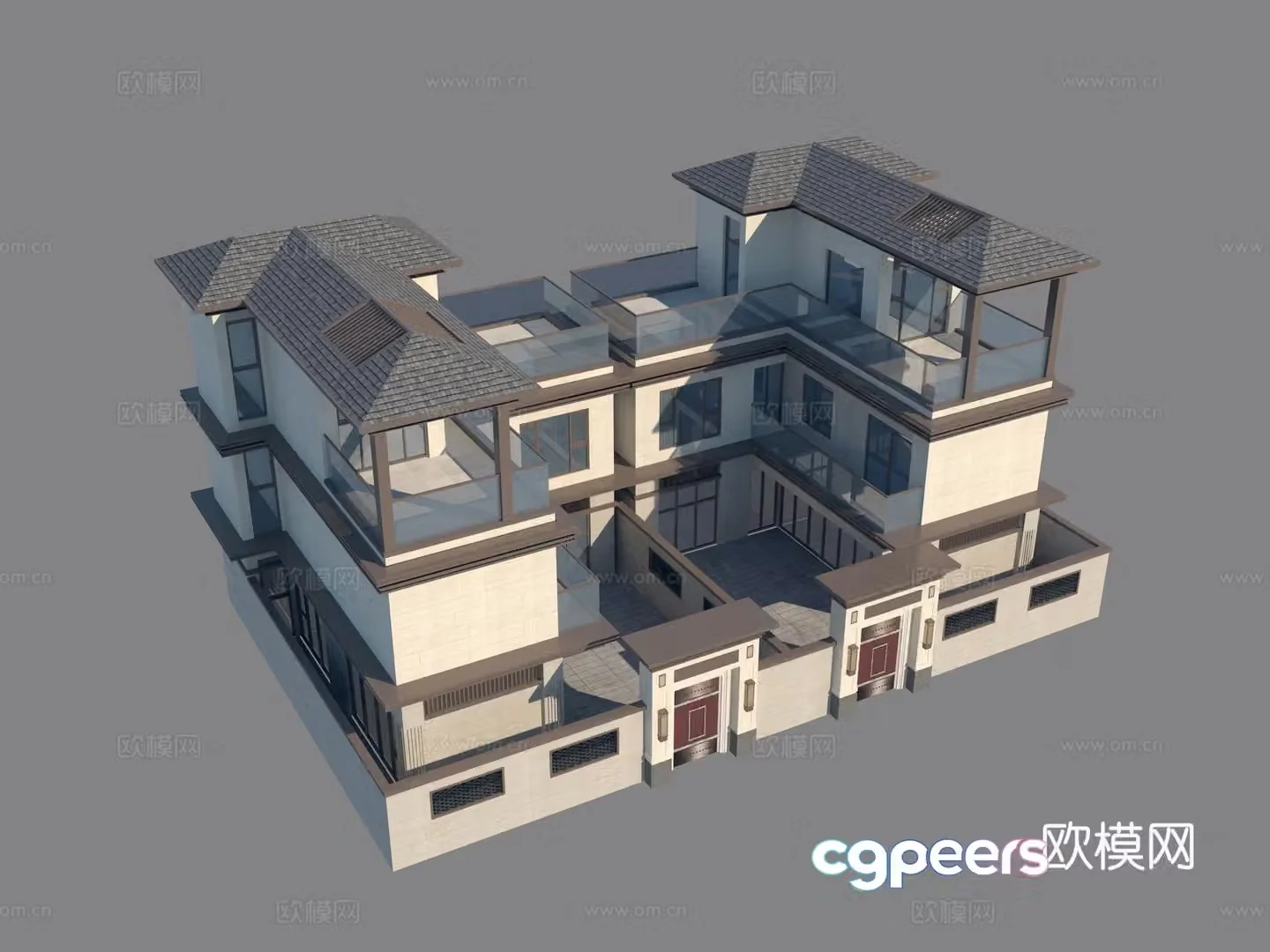 New Chinese style townhouse appearance 3D model of single villa