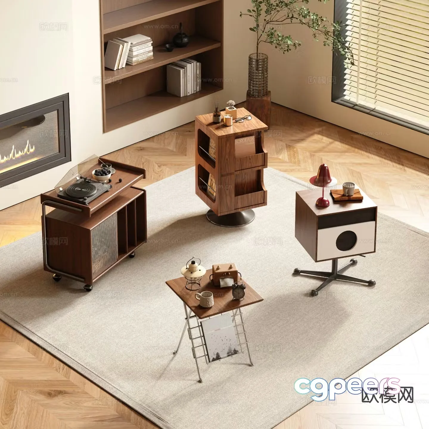 Medieval style side table square side mobile cart 3d model