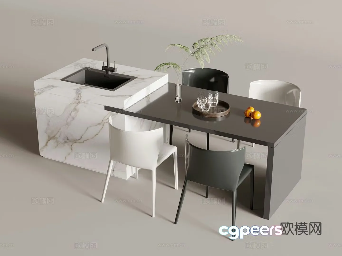 Modern island dining table and chairs 3d model