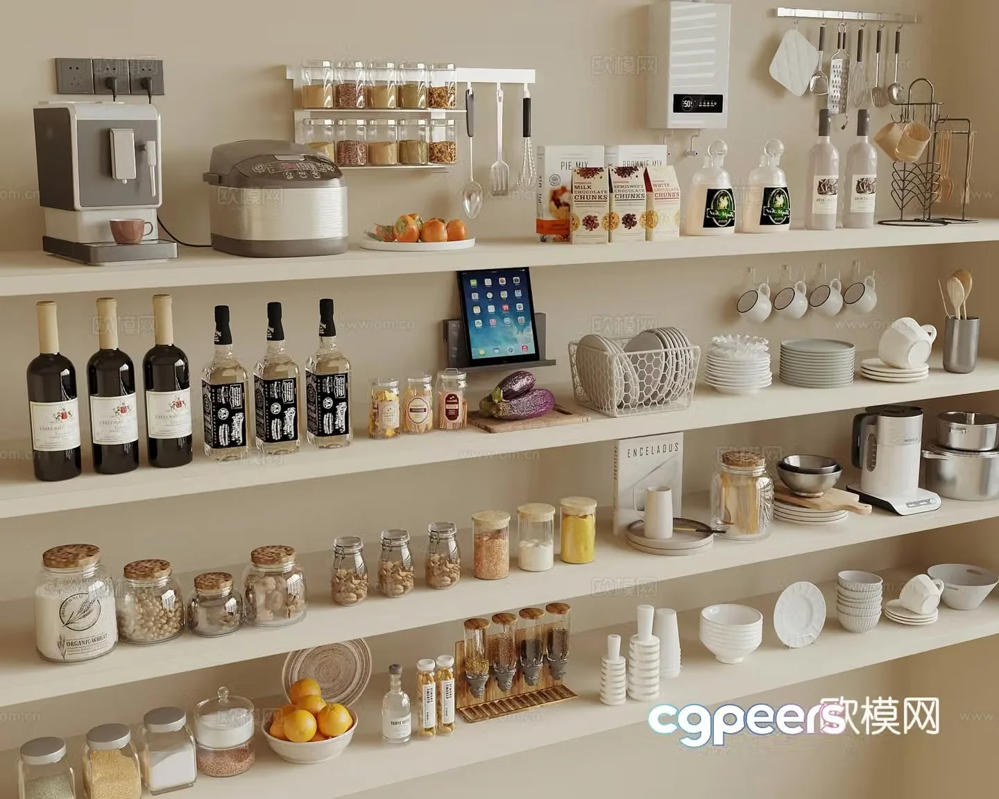Kitchen appliances Kitchen supplies Coffee machine Rice cooker Kettle Wine bottle Seasoning bottle Bowl 3d model
