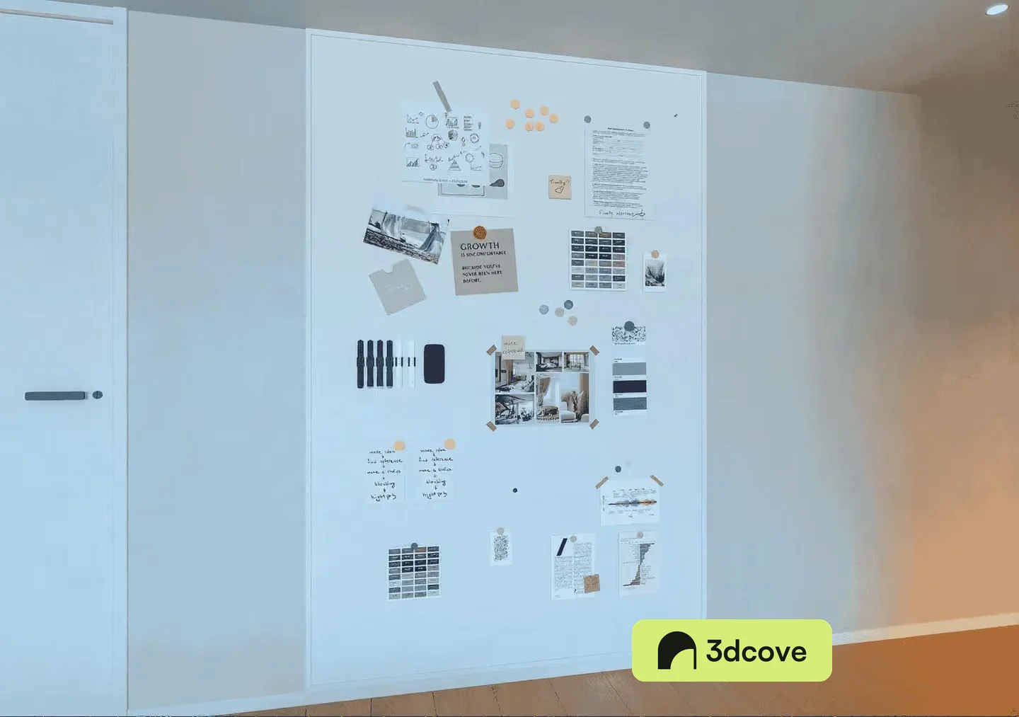 A White Wall With A Collection Of Papers And Images Pinned To It