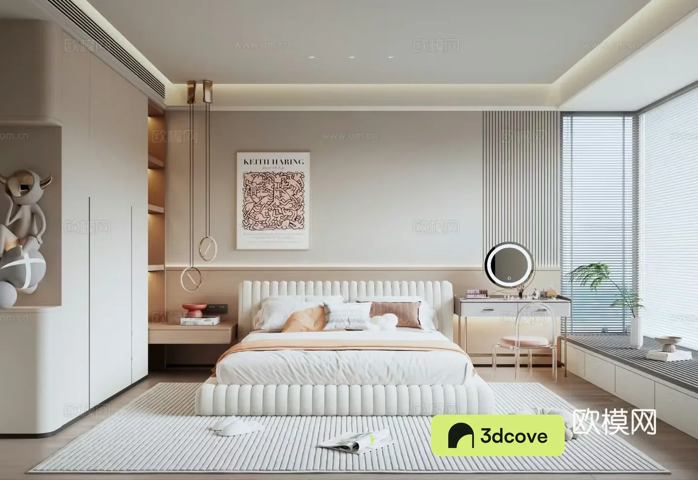 Modern minimalist bedroom double bed wardrobe dressing table bay window bedroom