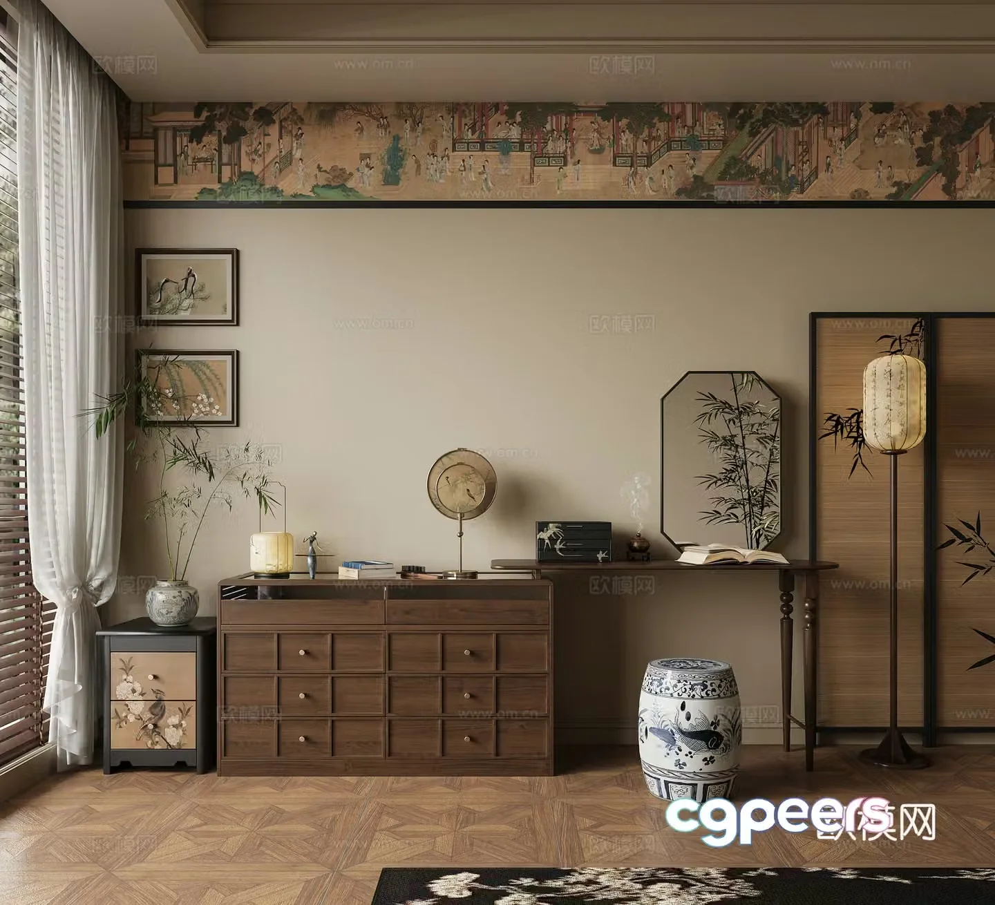 New Chinese dressing table screen new Chinese lamp new Chinese hanging painting Song style aesthetic dressing table 3D model