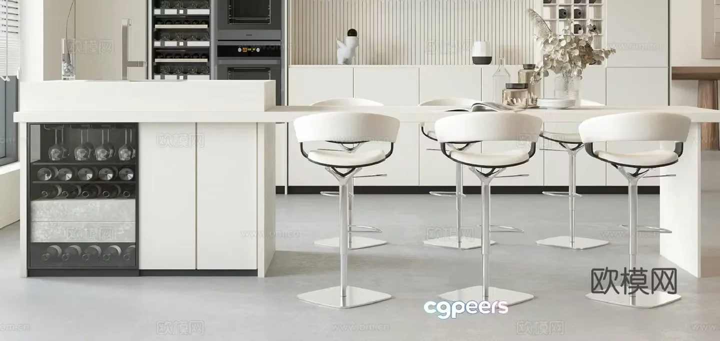 Creamy style bar chair combination 3D model