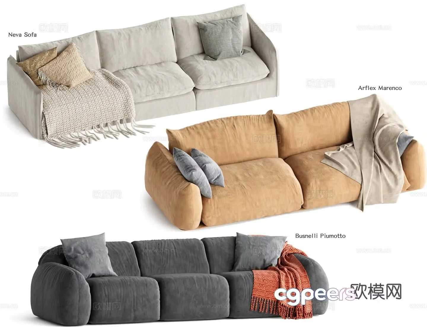 French three-seat sofa tofu block sofa 3D model