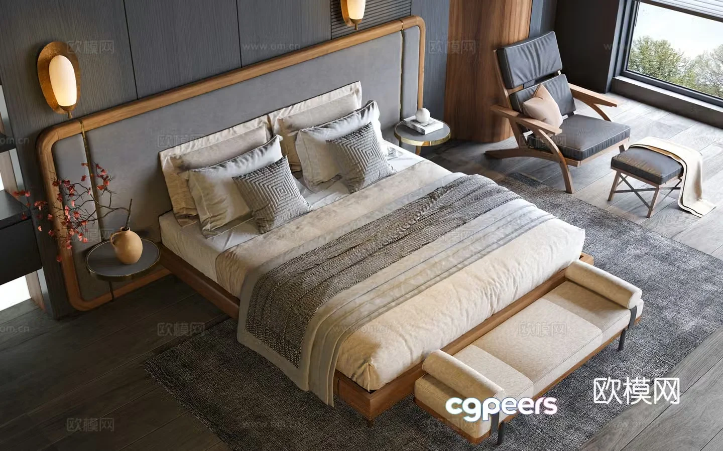 Wasabi Middle Ages Double Bed Solid Wood Double Bed Bedroom Bed Hotel Bedroom Hotel Double Bedroom Middle Ages 3D Model