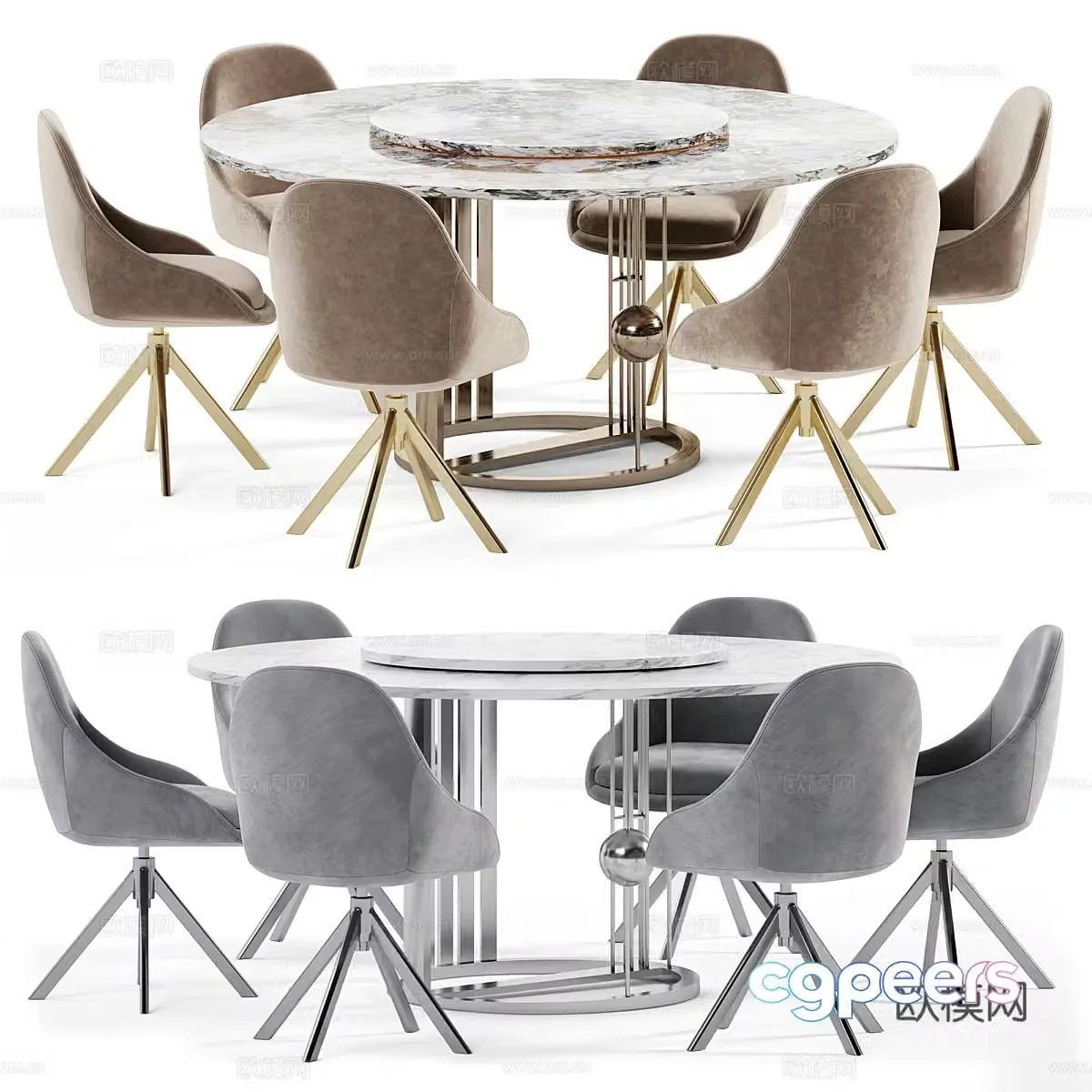 Modern light luxury marble round dining table and chair 3D model