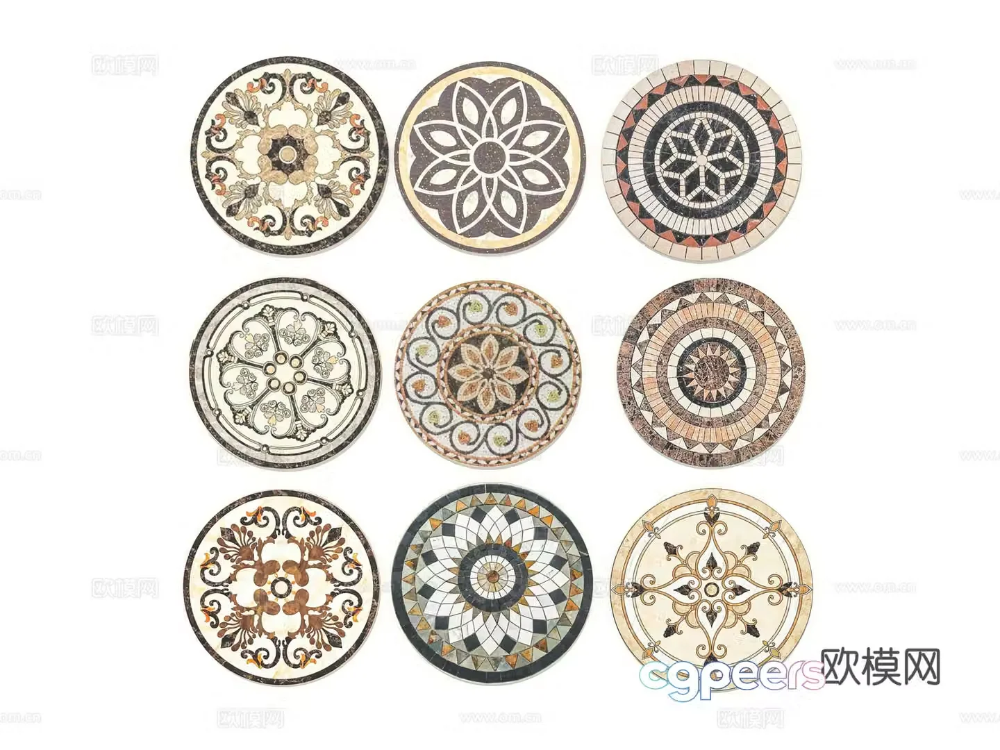 European round marble floor carving pattern paving floor tiles 3D model