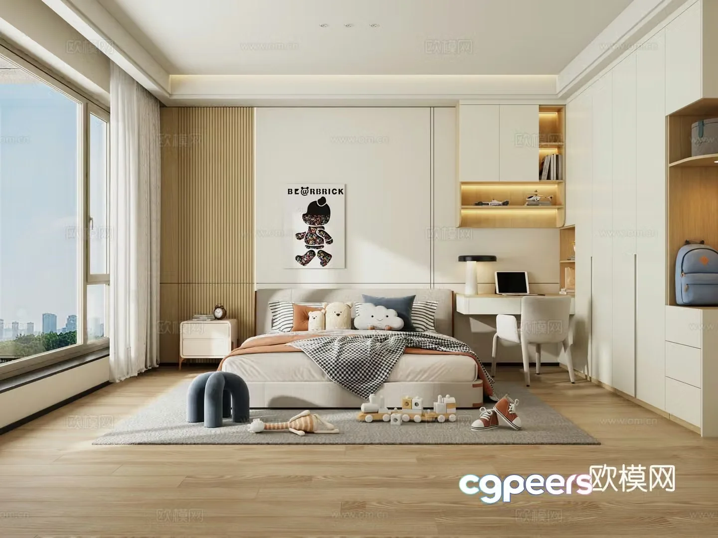 Light luxury bedroom modern bedroom children’s room wardrobe bookcase integrated cabinet children’s bed 3D model