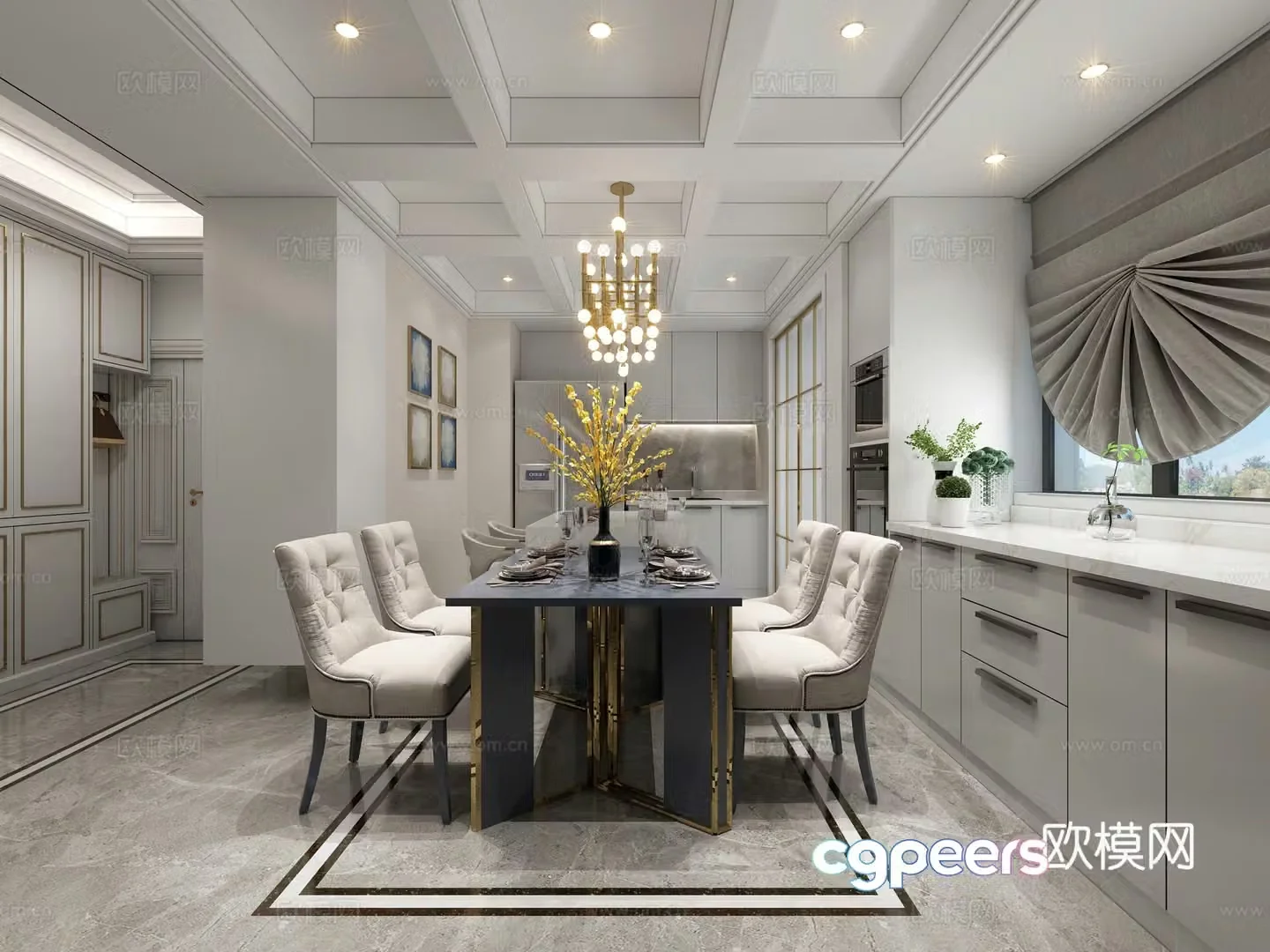 Simple French Luxury Restaurant Dining Table and Chair Chandelier Curtain Bar Chair 3D Model