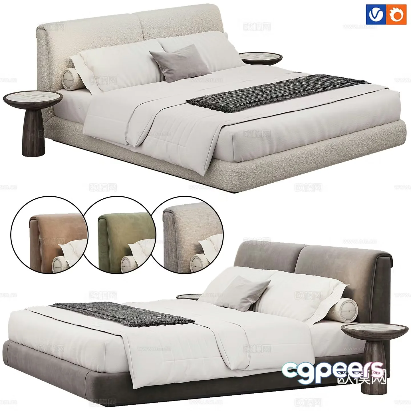 Modern bedroom fabric double bed bed pillow mattress 3d model