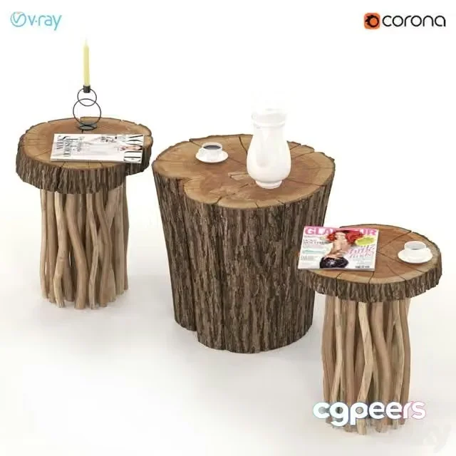 3ds Max Free – Coffee tables made of stump and slab on wooden legs