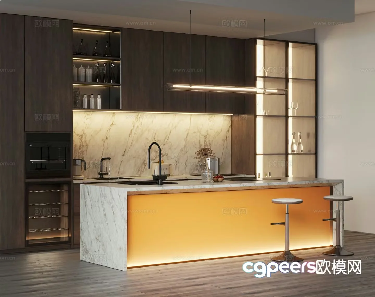 Semi-open kitchen island kitchen acrylic island 3d model