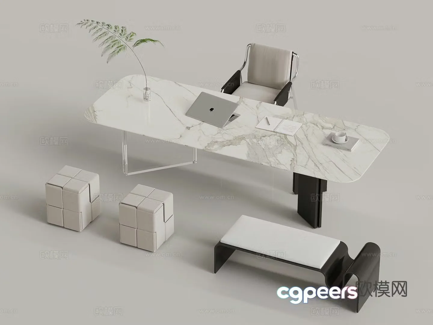 Desk and chairs Modern desk and chair Decorative ornaments 3D model