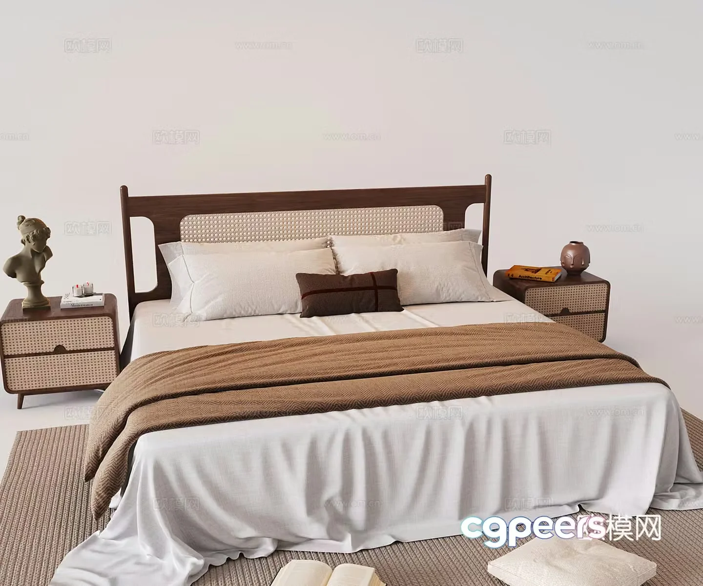 Middle style double bed nightstand solid wood rattan 3D model