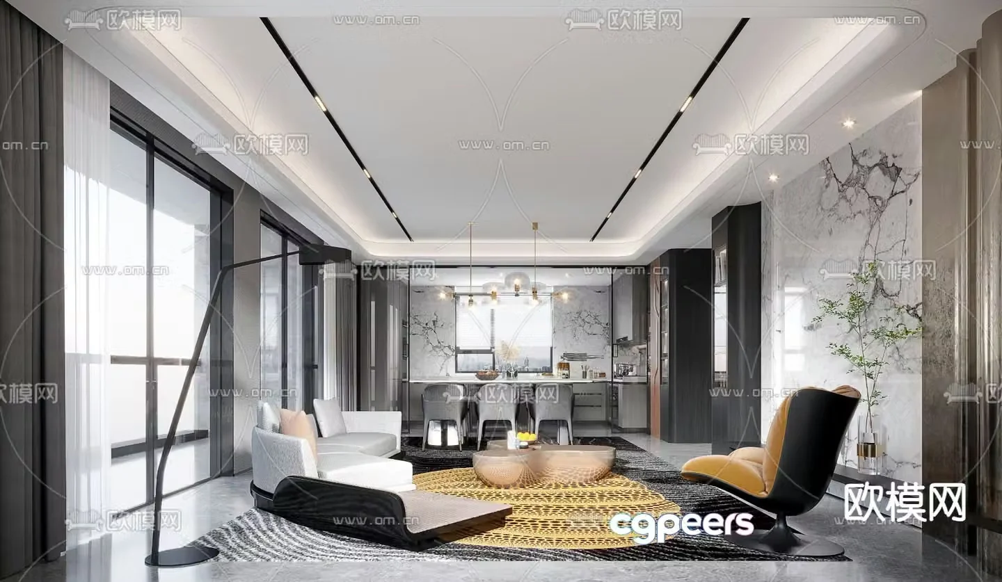 Modern living and dining room 3d model