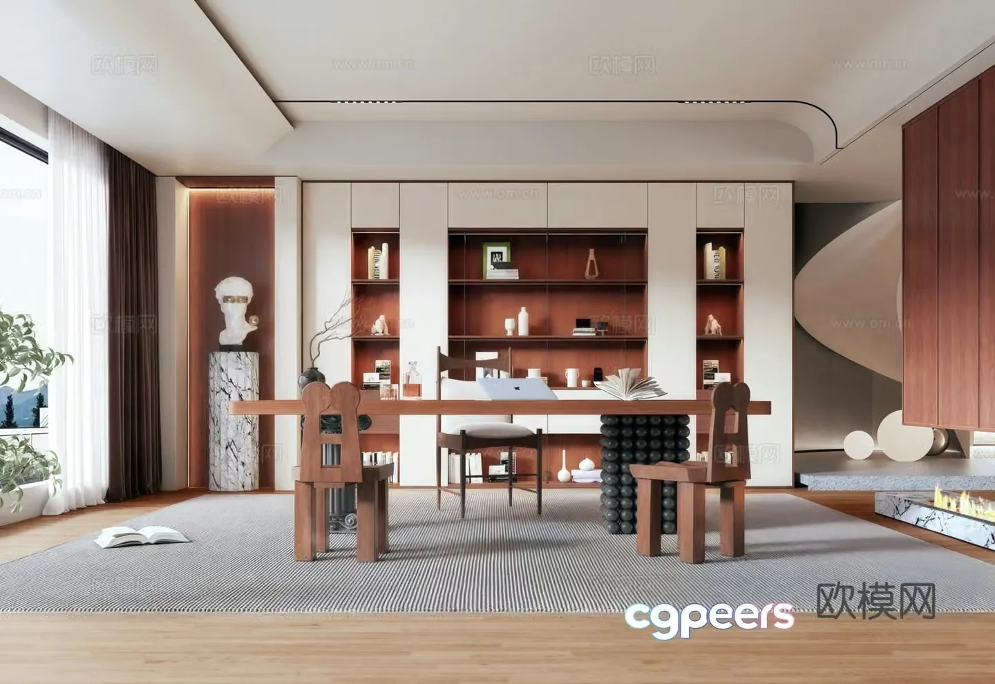 Modern medieval style study bookcase chandeliers desks chairs partitions 3D model