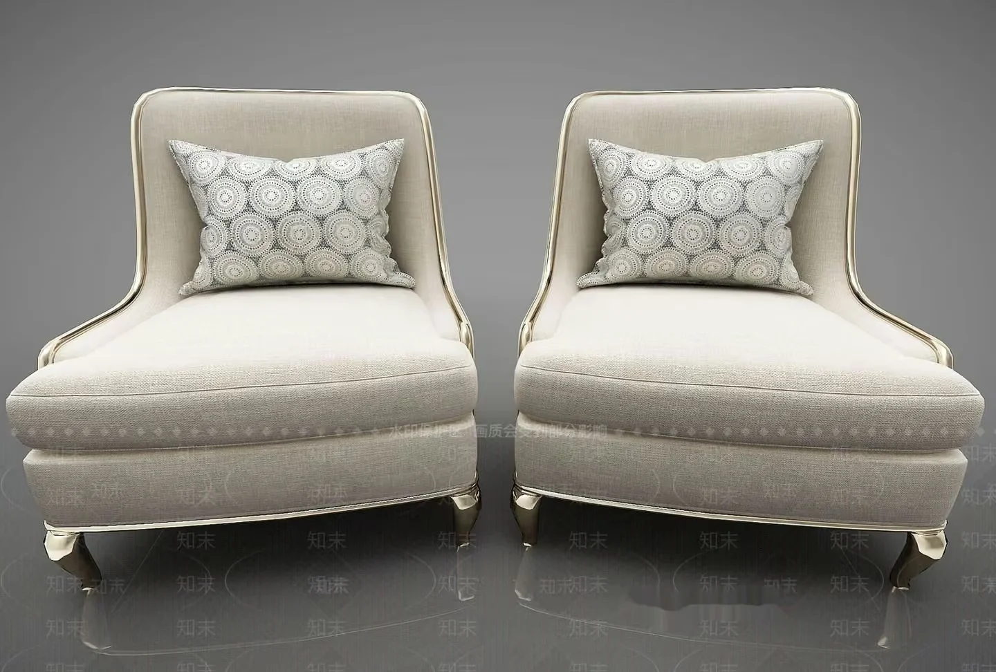 Two Matching Chairs With Light-Colored Fabric And Decorative Pillows 3D Model – 16027 – VRAY Render