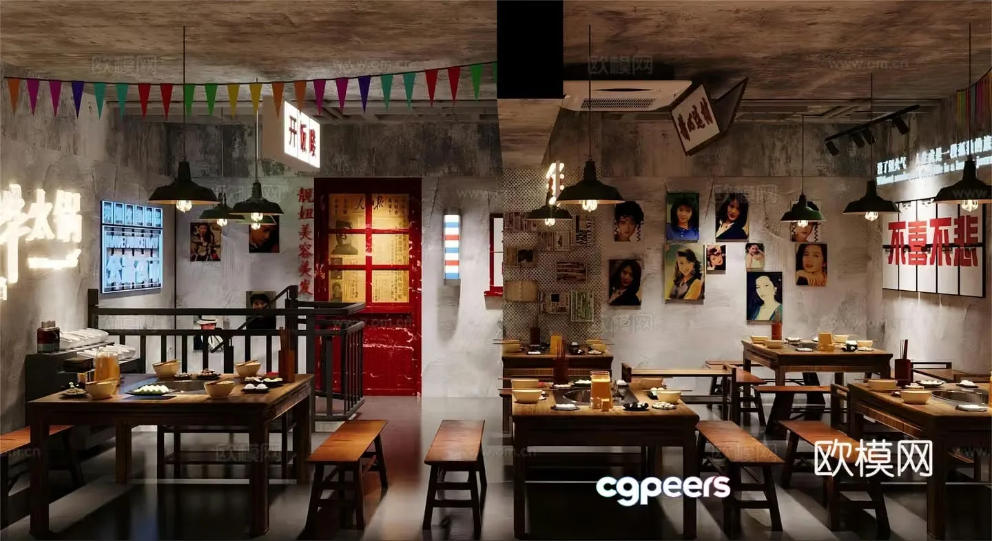 Industrial style nostalgic barbecue restaurant barbecue restaurant hot pot restaurant skewers restaurant Chinese restaurant hot pot tables and chairs 3D model
