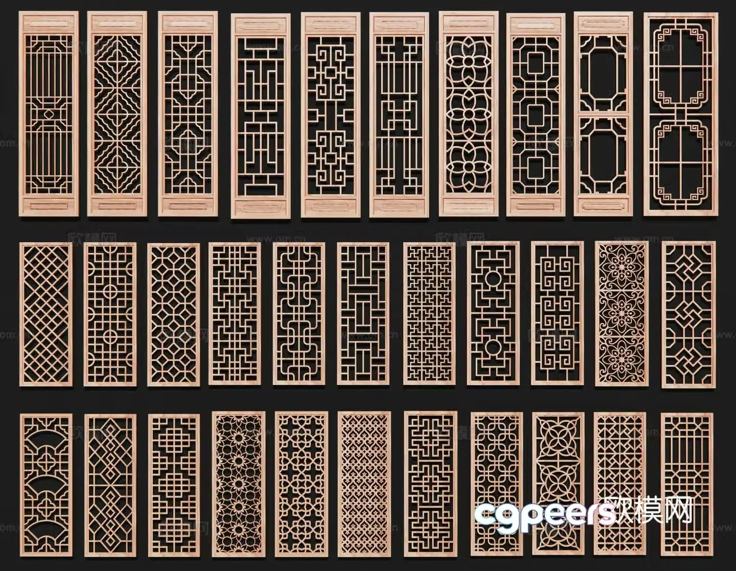 Chinese style openwork window wooden window wood carving window hollow pane 3d model