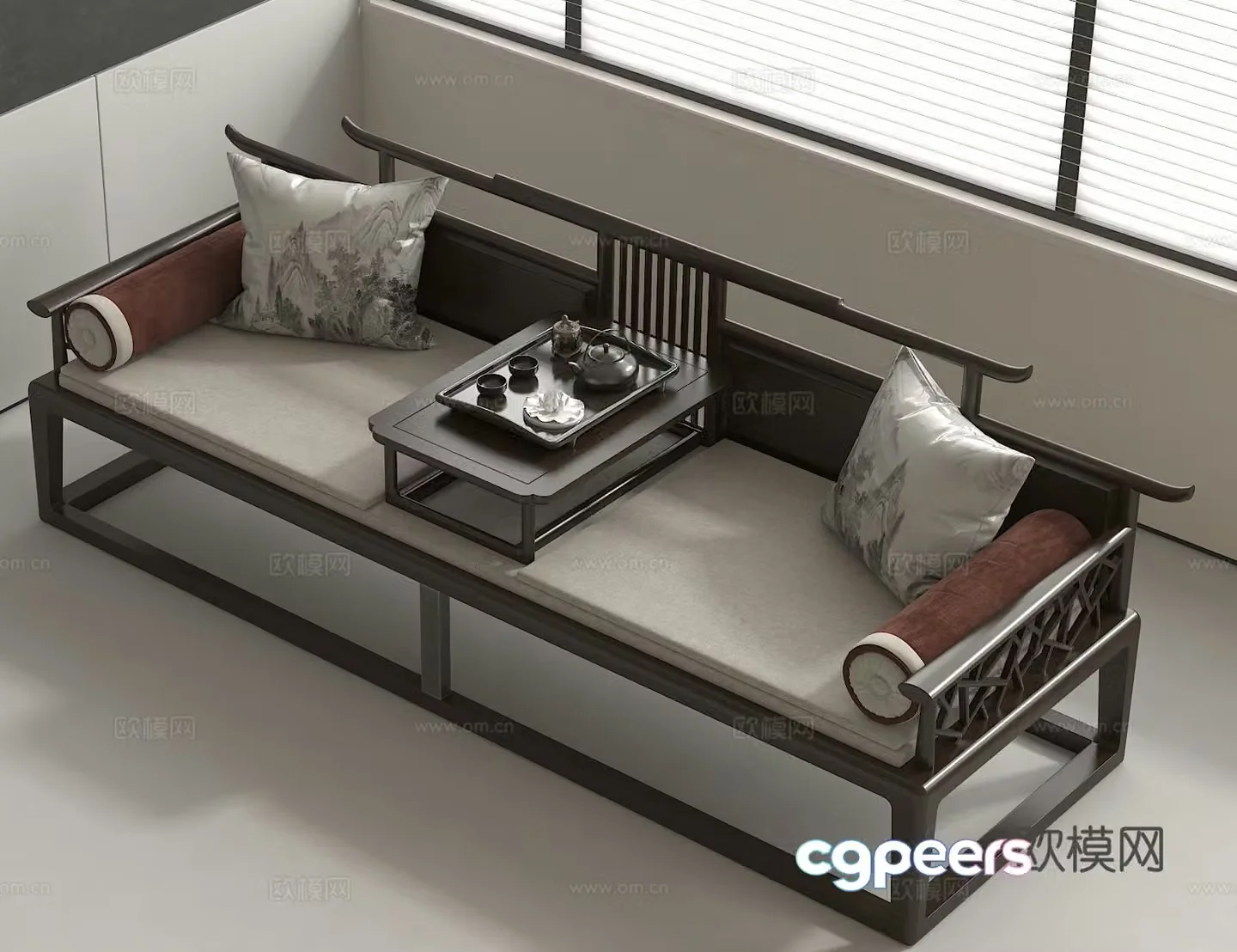 New Chinese Arhat Bed Chinese Zen Sofa Tea Room Furniture Combination Modern Chinese Couch 3D Model
