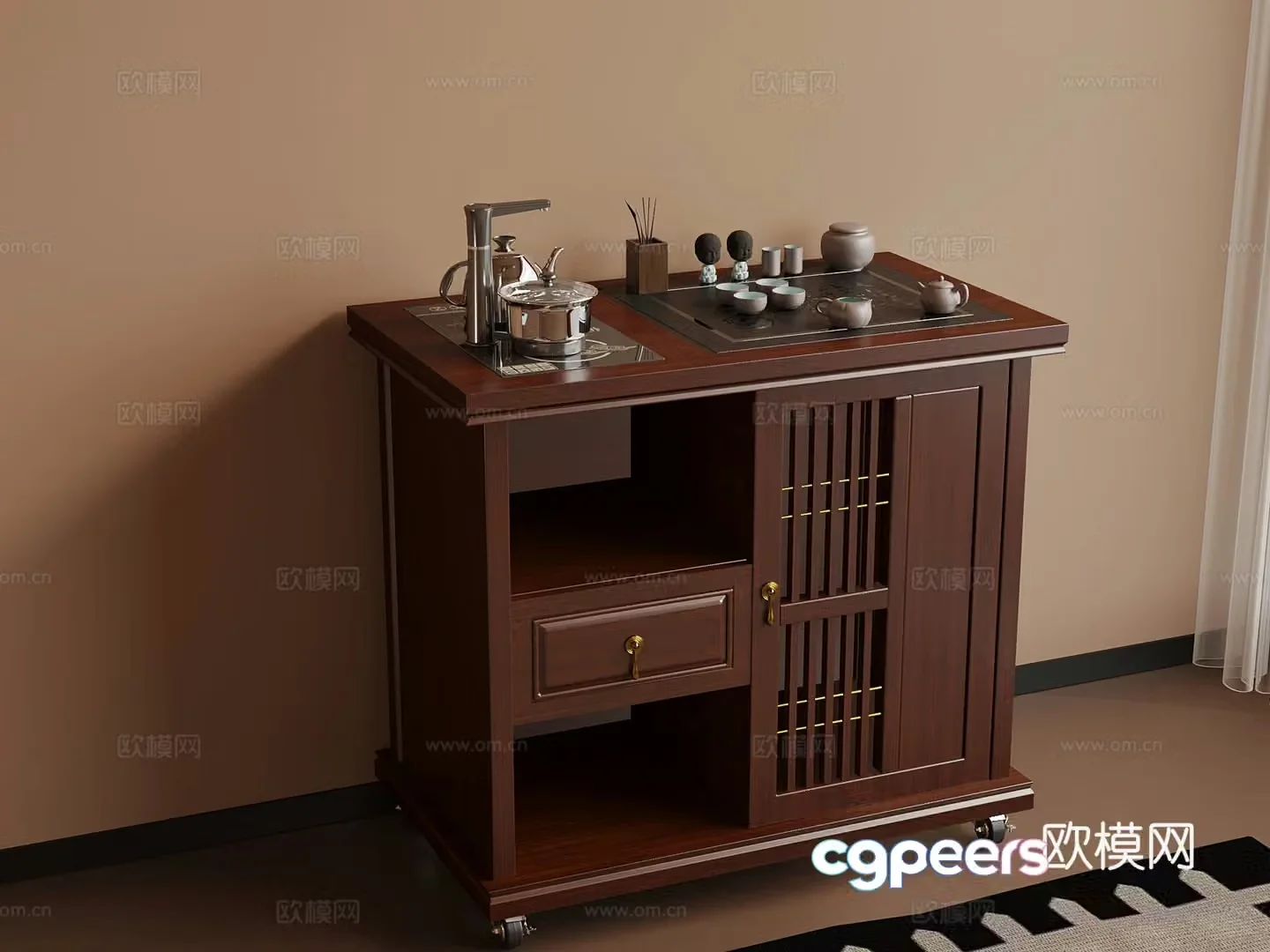 New Chinese style tea cabinet teapot tea set 3D model
