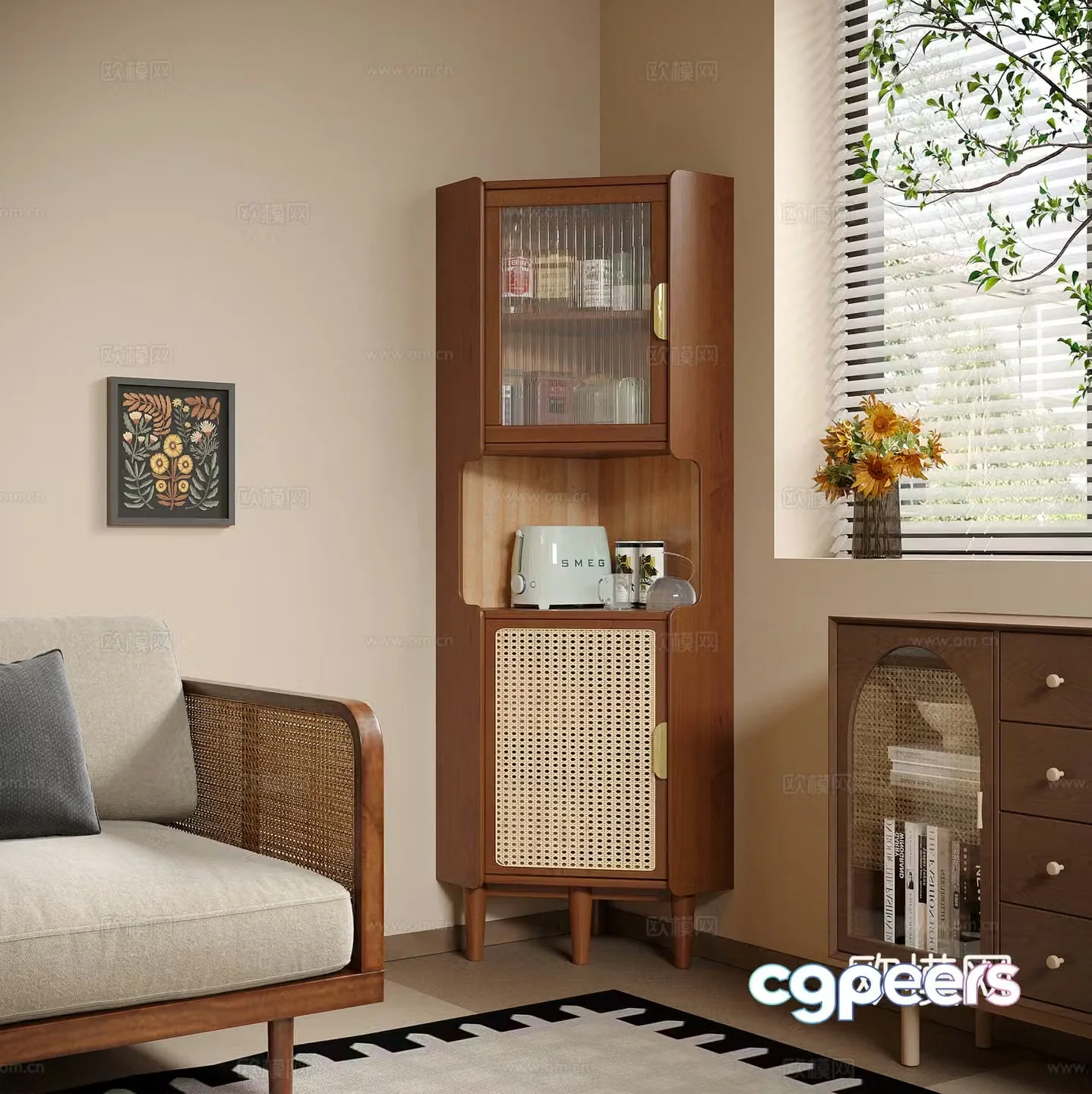 French medieval style rattan corner cabinet storage cabinet storage rack corner cabinet triangle cabinet 3D model