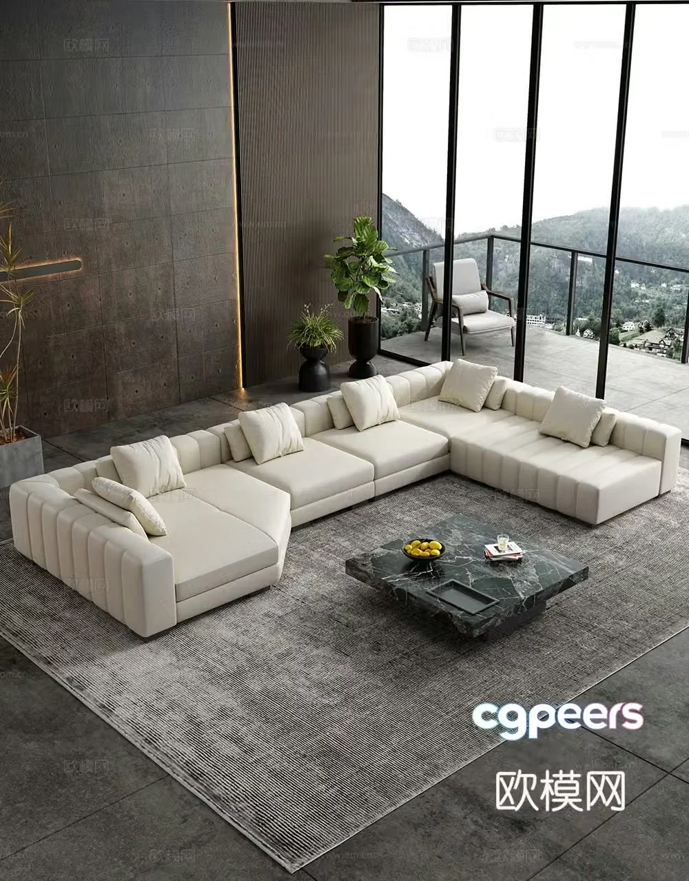 Modern simple home living room sofa and coffee table combination fabric sofa storage cabinet green plants ornaments 3D model