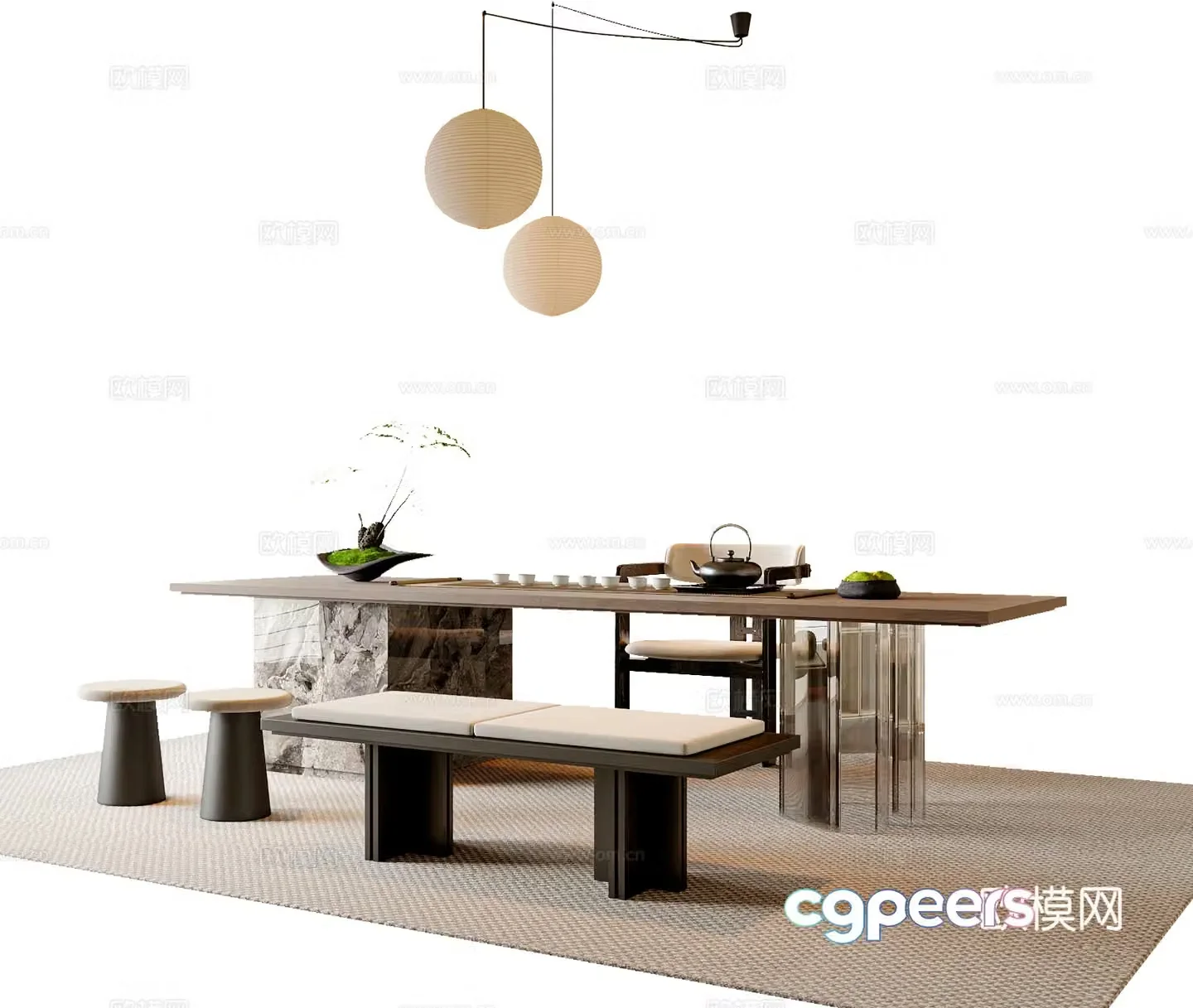 New Chinese style Chinese tea table and chair combination New Chinese style chandeliers Tea room accessories ornaments Tea table Song style 3D model