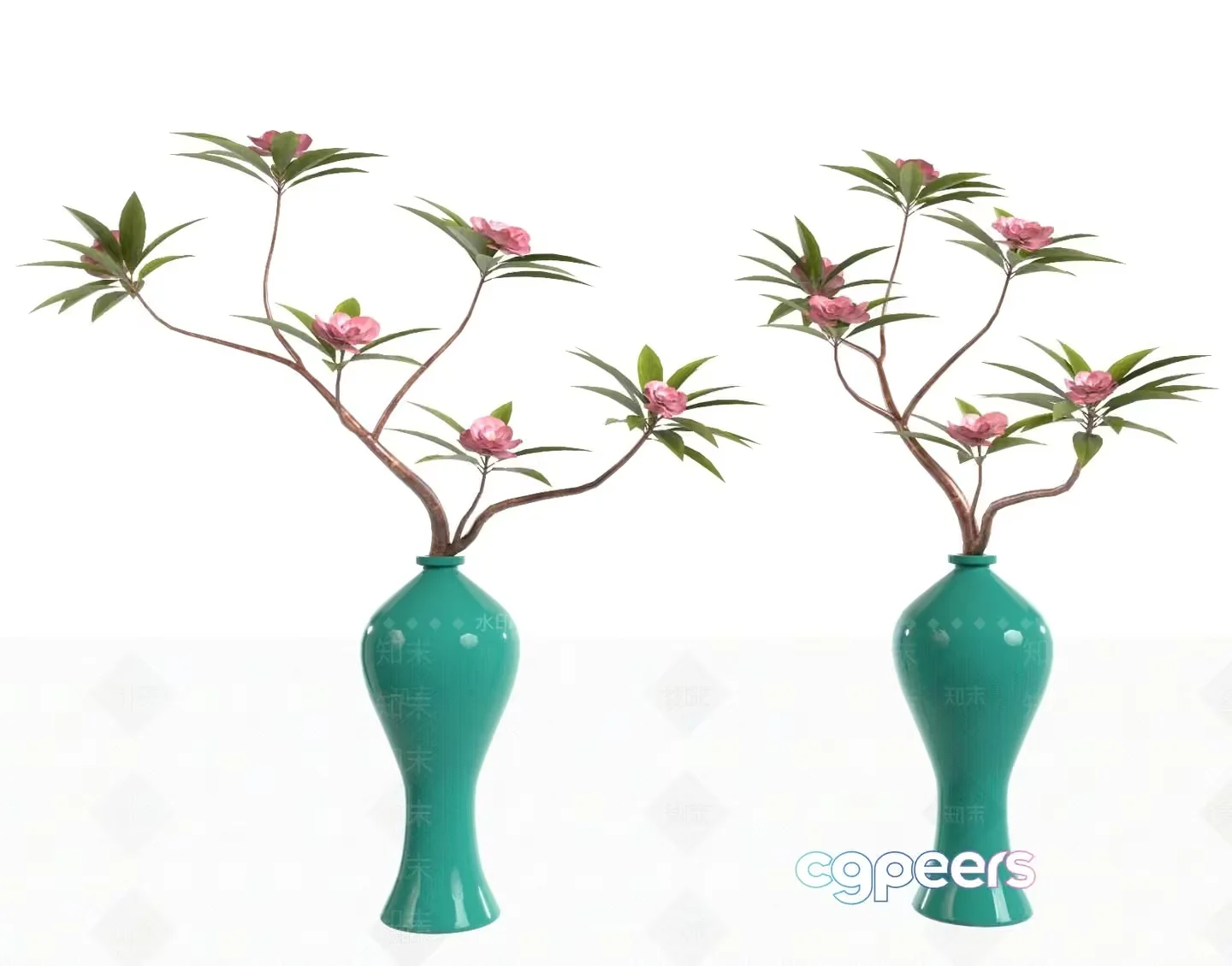 A Pair Of Green Vases With Pink Flowers 3D Model – 7313 – VRAY Render