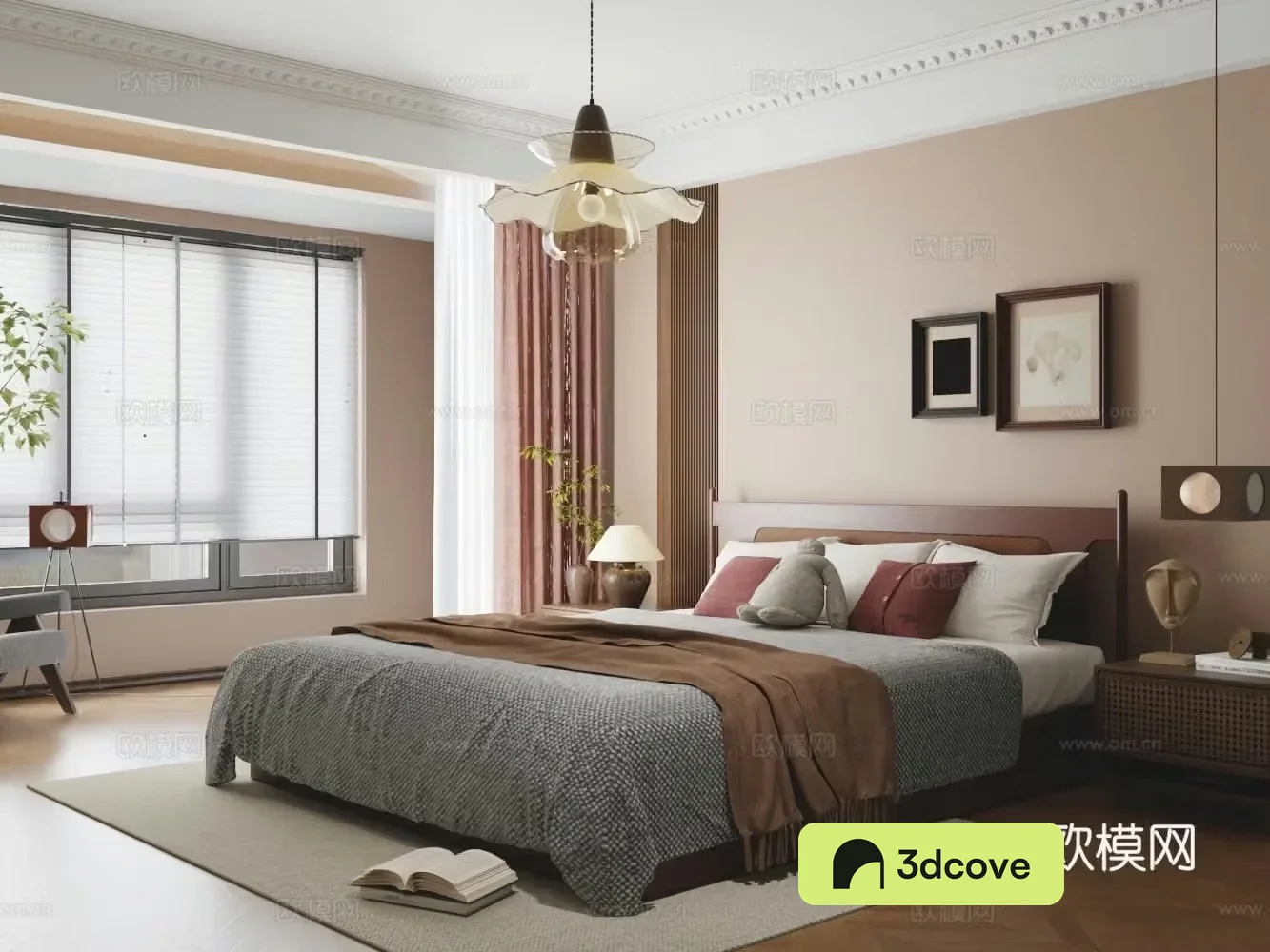 Chinese bedroom solid wood double bed nightstand background wall