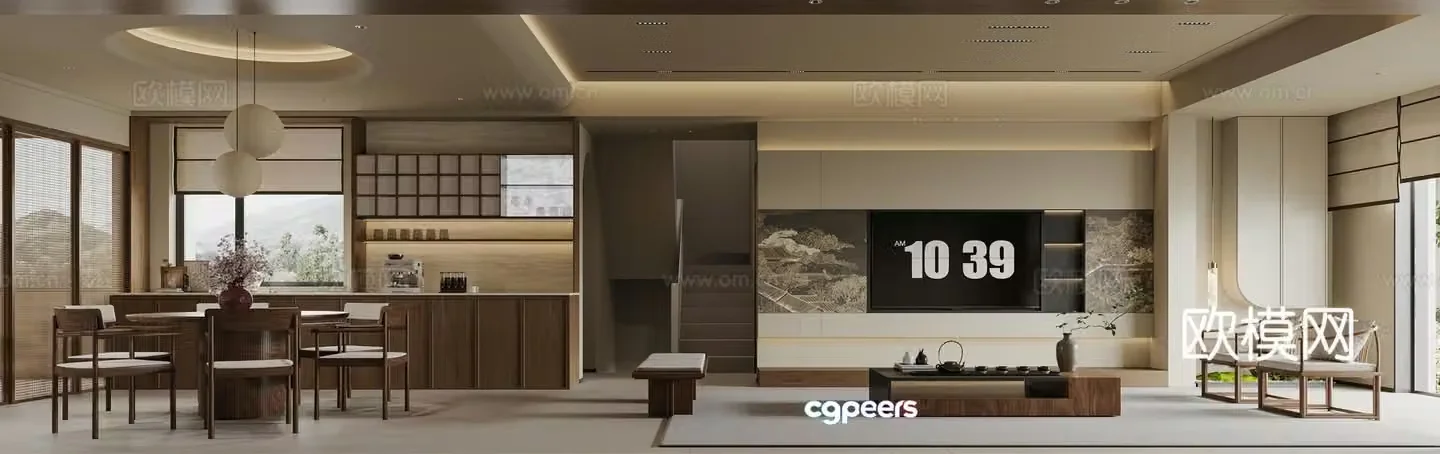 Song style Zen new Chinese style living and dining room TV background 3d model
