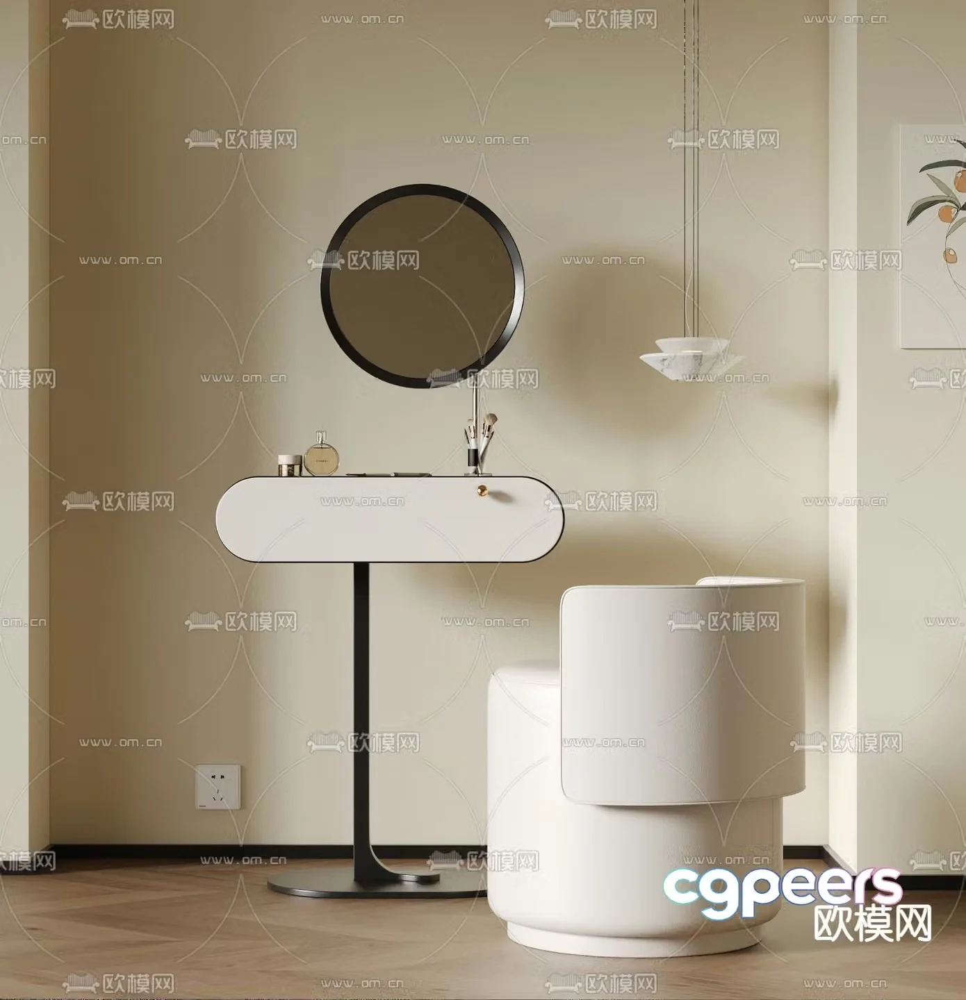 Cream style dressing table makeup stool makeup mirror 3D model