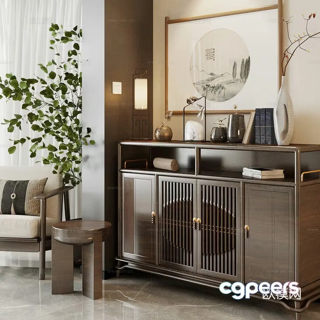 New Chinese style Zen entrance cabinet end view cabinet 3D model