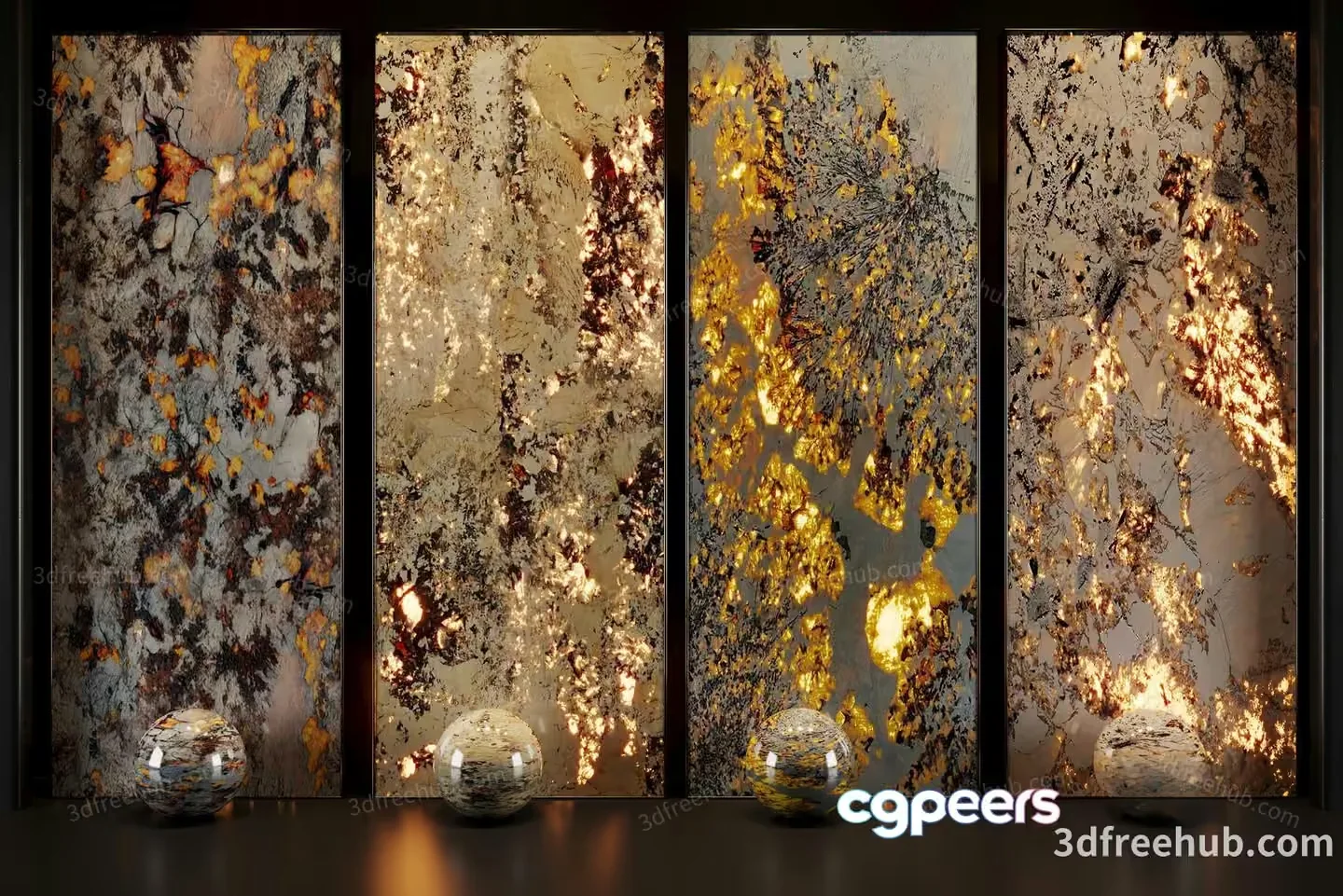A Wall With Four Panels Of Marble-Like Artwork And Glass Orbs 3D Model – 21320 – VRAY Render