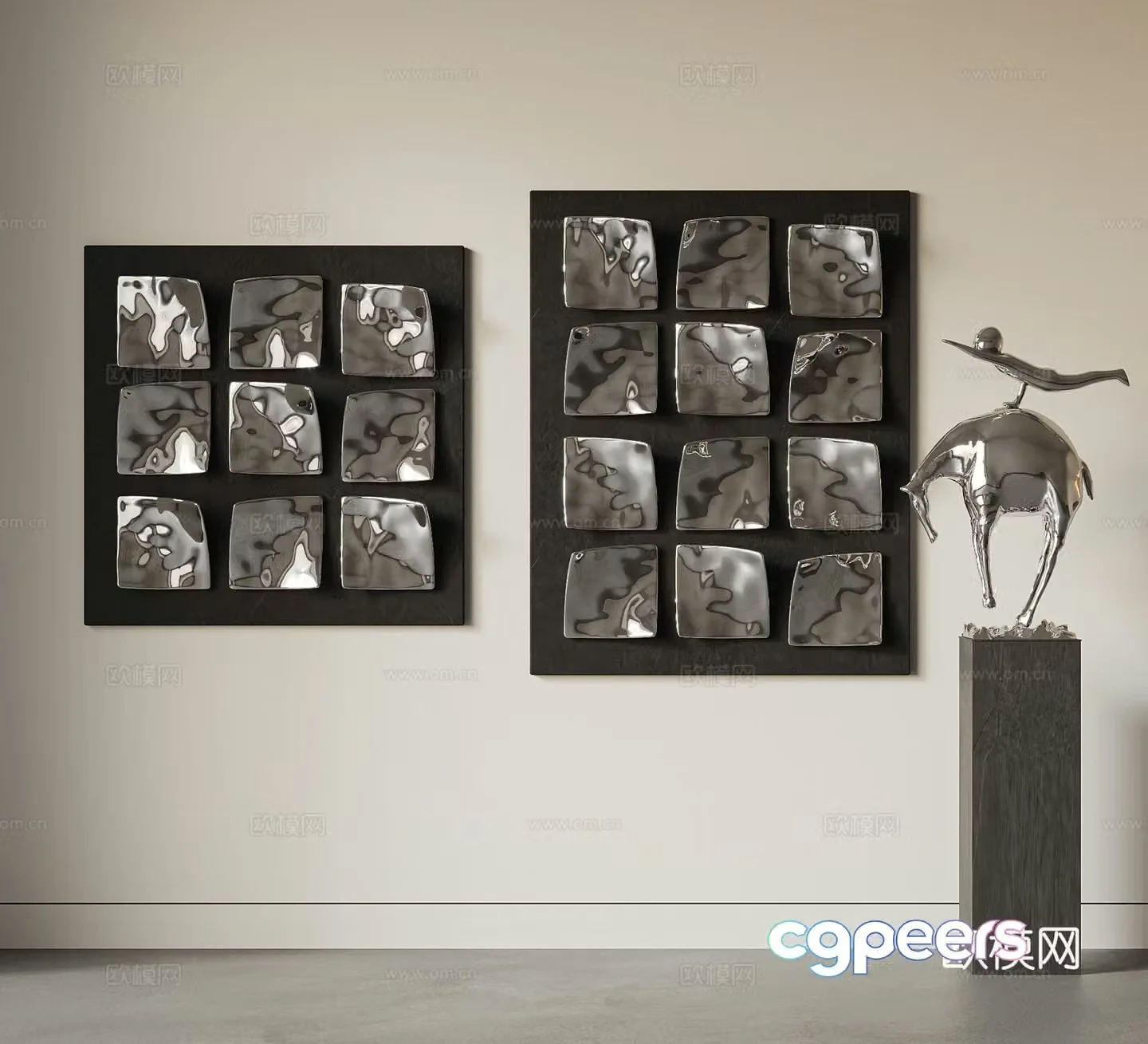 Modern hanging painting combination installation decorative painting water corrugated stainless steel metal wall decoration three-dimensional painting 3d model