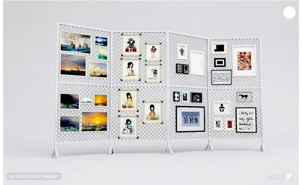 A White Three-Panel Room Divider With Various Framed Pictures 3D Model – 14252 – VRAY Render