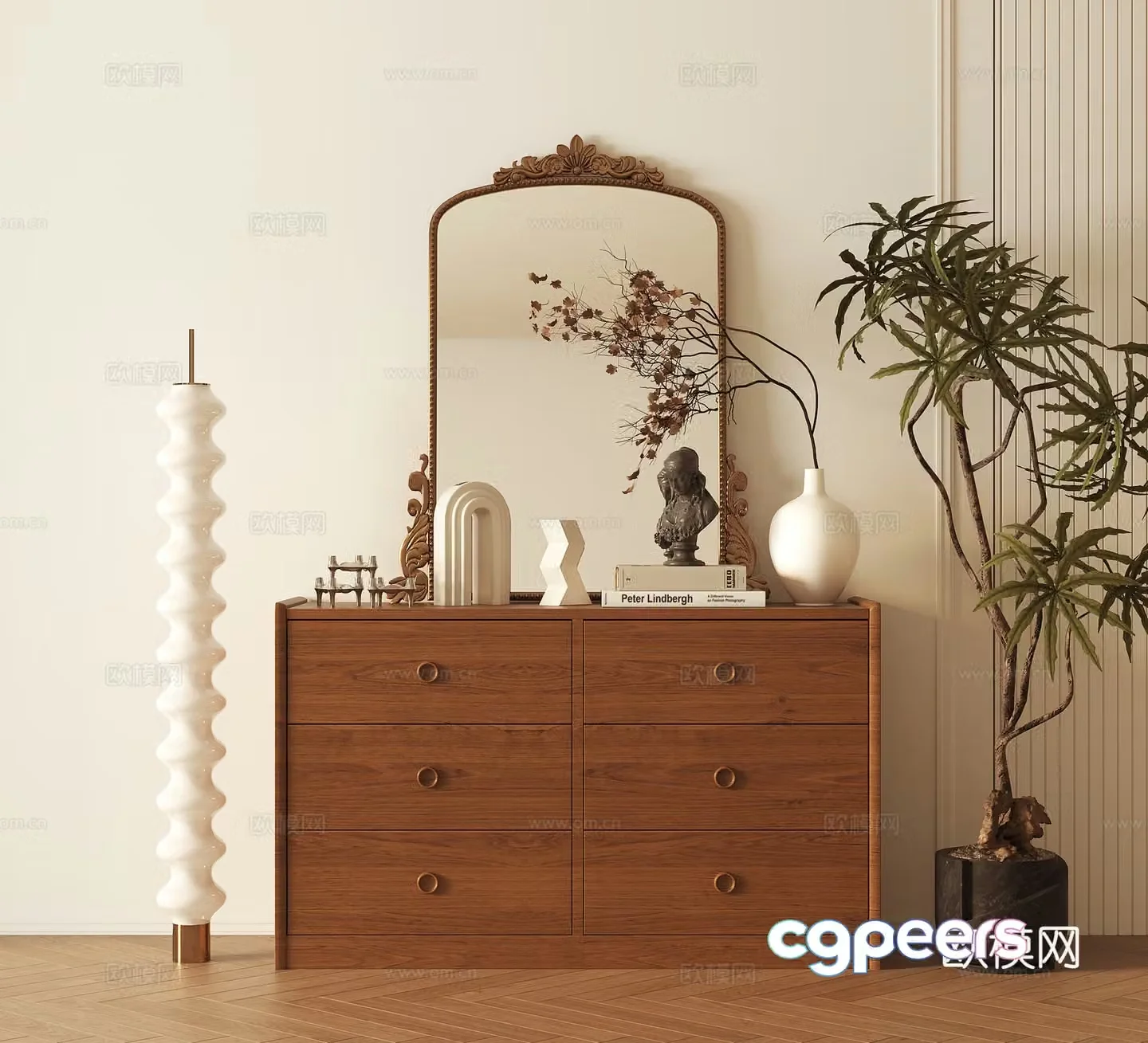Middle-aged style decoration cabinet porch cabinet vase and floral ornament low cabinet retro mirror storage cabinet 3d model