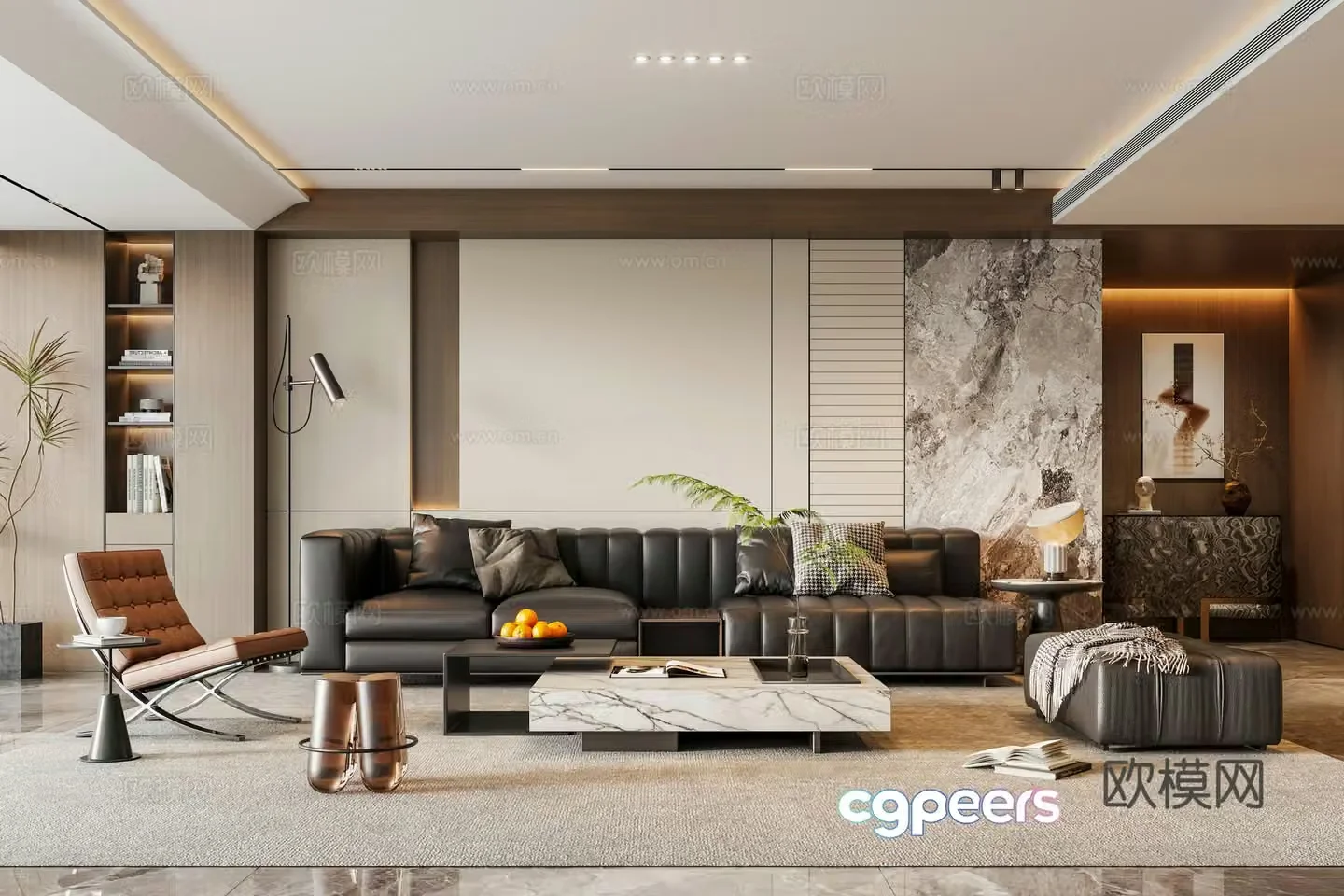 Italian light luxury home living room black leather sofa coffee table high-end gray living room without owner light 3D model