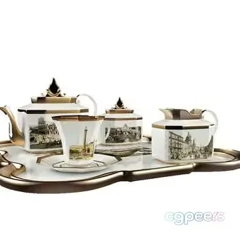 A Gold And White Tea Set 3D Model – 9809 – VRAY Render