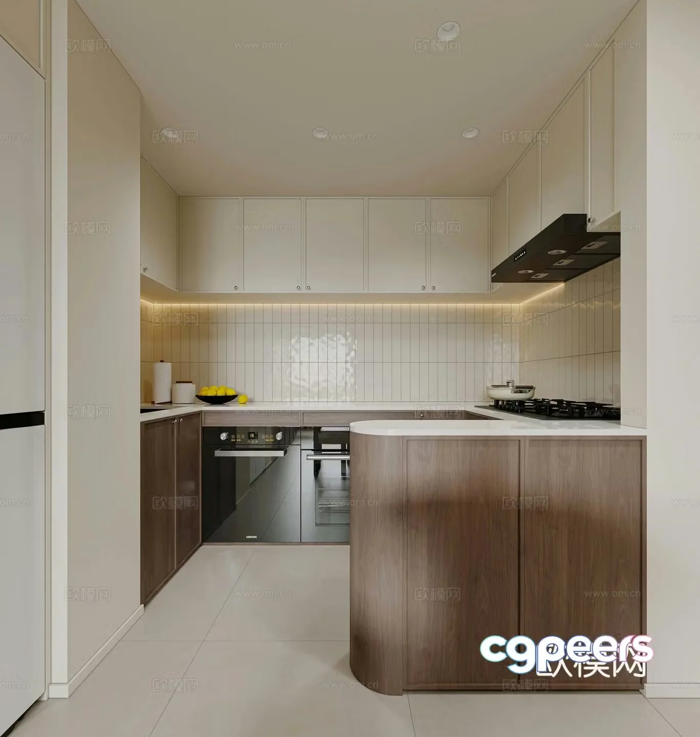Cream retro style open kitchen 3d model