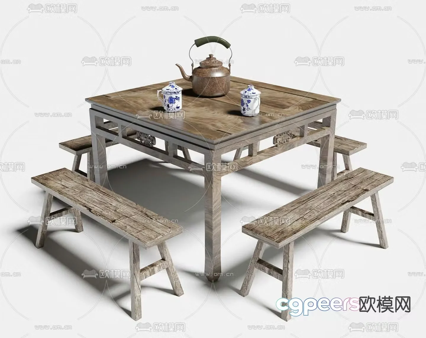 Old tables and chairs bench tea table and chairs 3d model