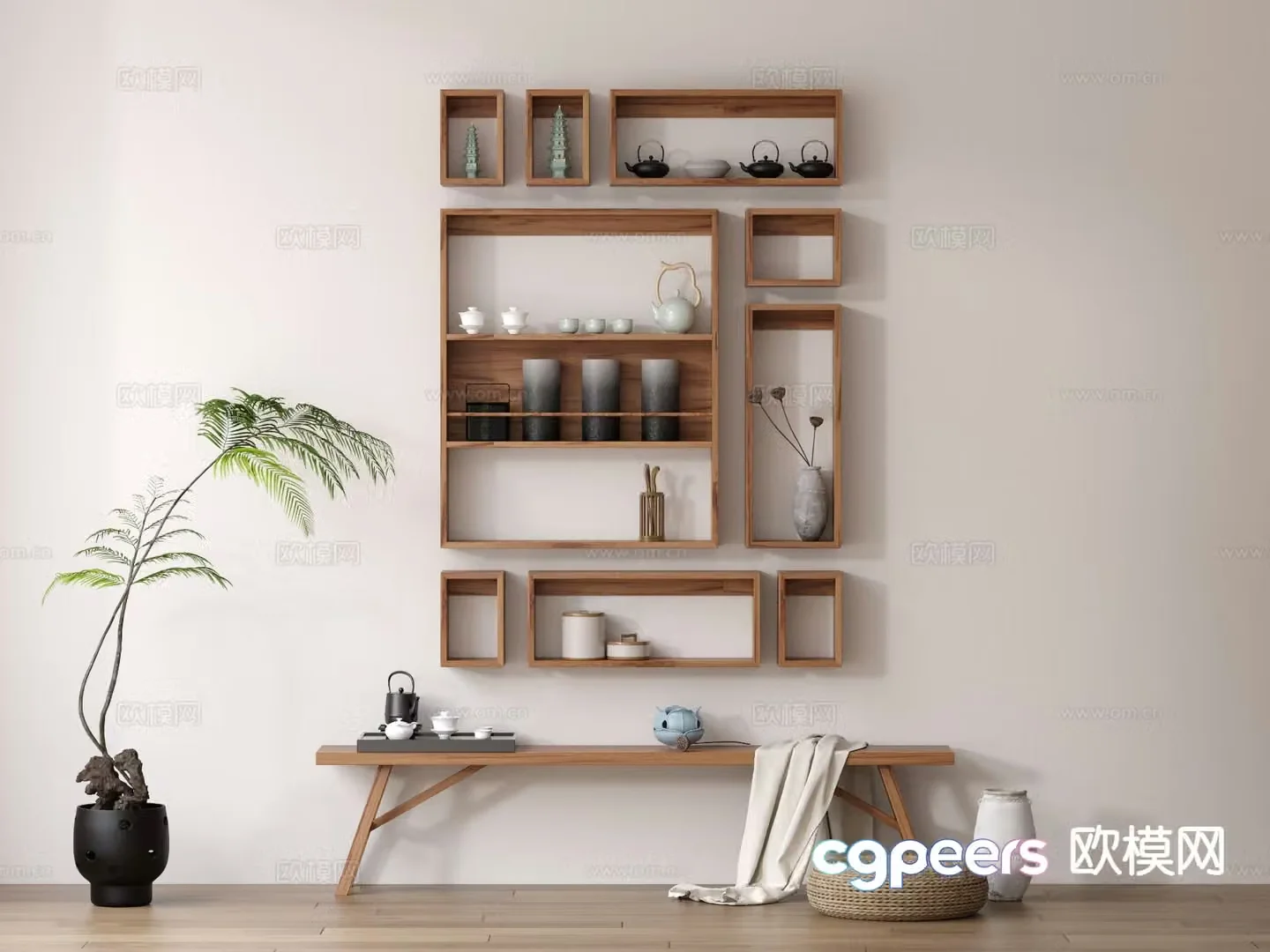 Wabi-sabi style wall shelf Duobaoge tea cabinet 3D model