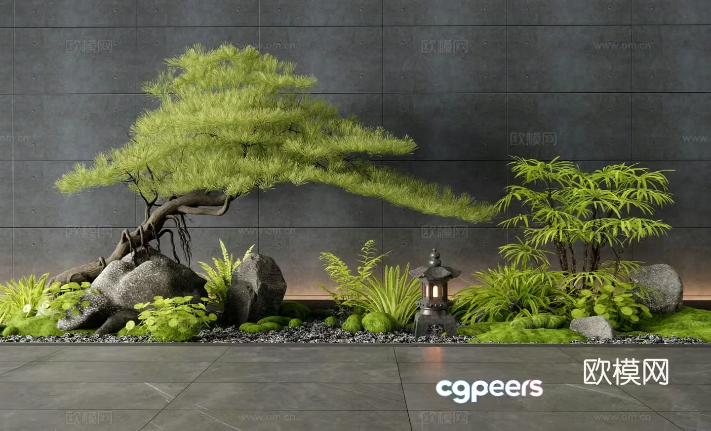 New Chinese style courtyard sketch Indoor landscape Plant pile Moss 3D model