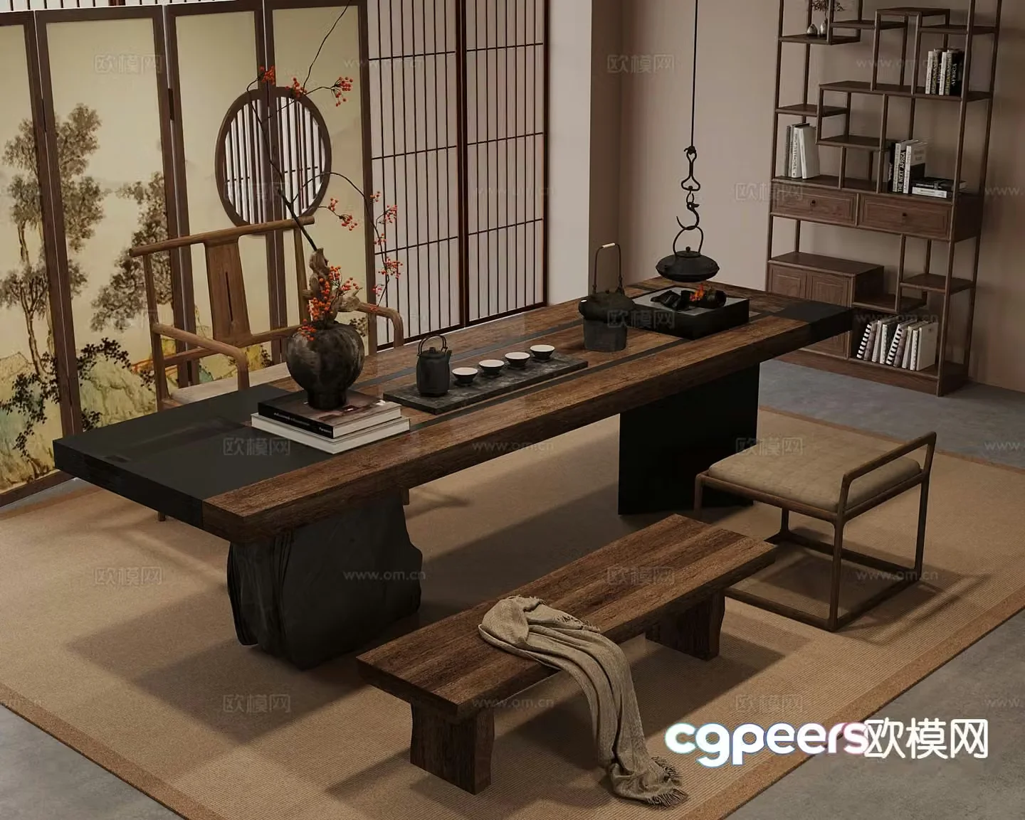 New Chinese style tea table and chairs tea set Bogu rack 3D model