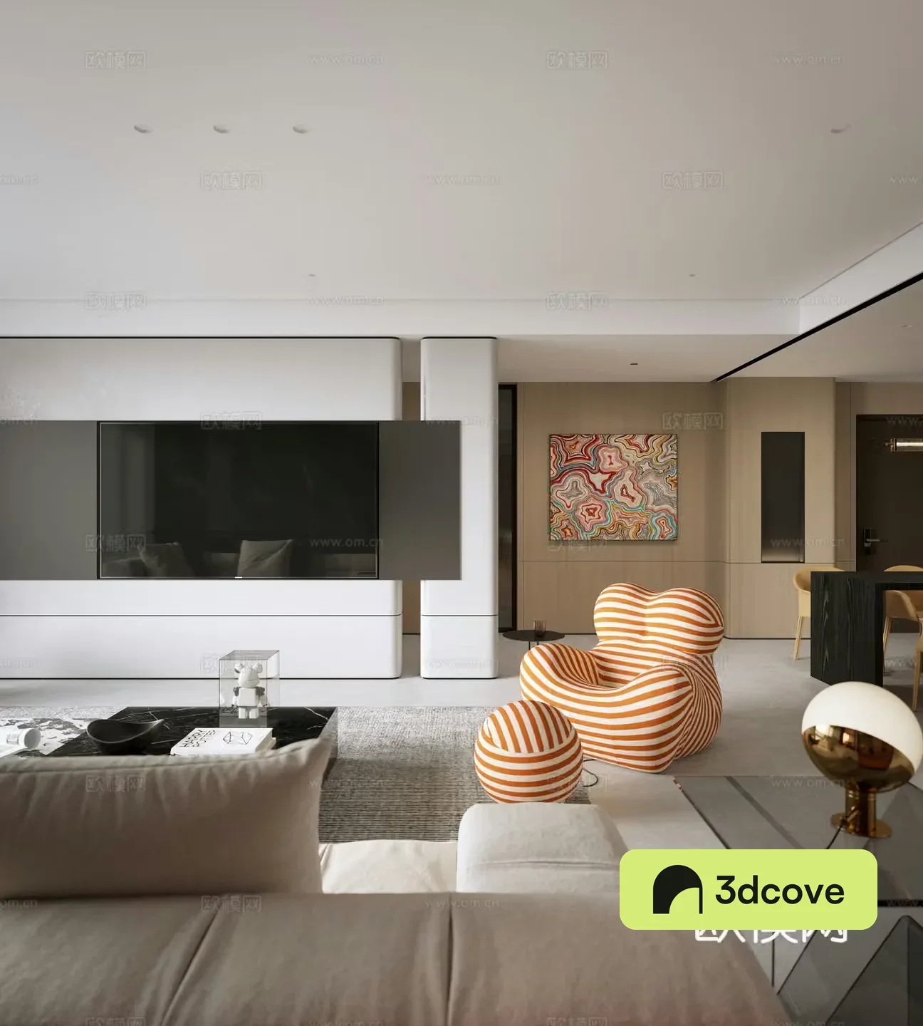 Modern living and dining room modern sofa and coffee table combination modern TV background wall living room without owner lights